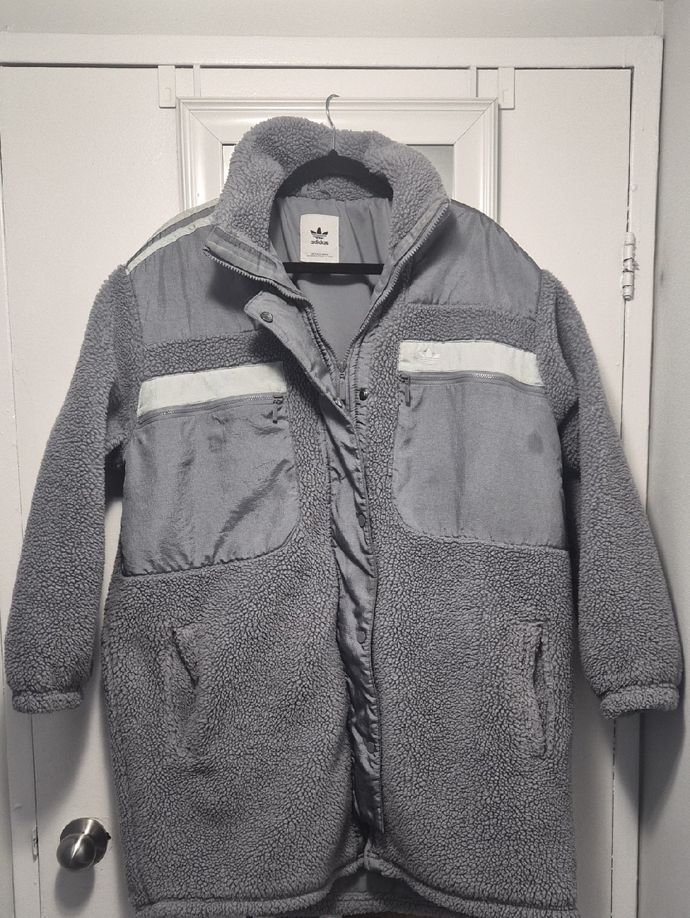 Adidas Gray Sherpa Hooded Coat with Contrast Panels